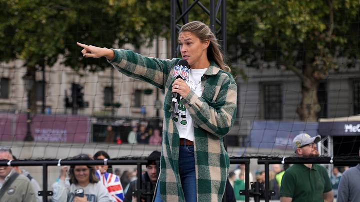 Kylie Kelce, the wife of Jason Kelce, speaks at the NFL Experience at Trafalgar Square. Kylie Kelce, the wife of Jason Kelce, speaks at the NFL Experience at Trafalgar Square.