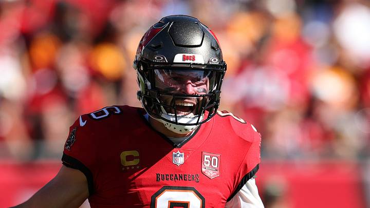 Tampa Bay Buccaneers quarterback Baker Mayfield (6) reacts after a play during the first half against the Arizona Cardinals Tampa Bay Buccaneers quarterback Baker Mayfield (6) reacts after a play during the first half against the Arizona Cardinals