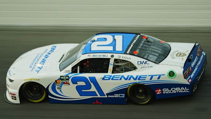 Austin Hill (21) leads the NASCAR O'Reilly Series United Rentals 300 race, Saturday, Feb. 14, 2026, at Daytona International Speedway.