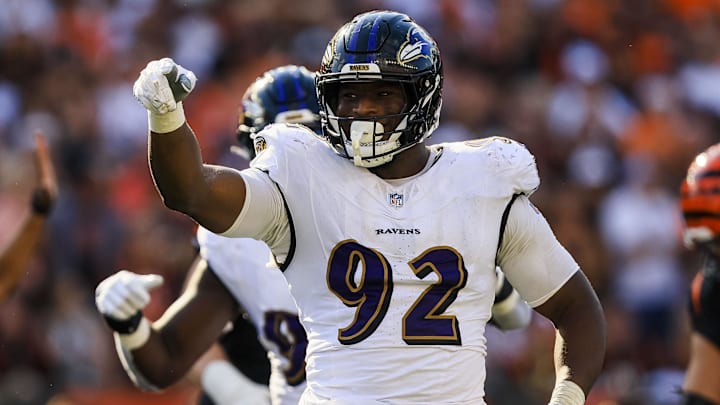Oct 6, 2024; Cincinnati, Ohio, USA; Baltimore Ravens defensive tackle Nnamdi Madubuike (92) reacts after sacking Cincinnati Bengals quarterback Joe Burrow (not pictured) in the second half at Paycor Stadium. Mandatory Credit: Katie Stratman-Imagn Images Oct 6, 2024; Cincinnati, Ohio, USA; Baltimore Ravens defensive tackle Nnamdi Madubuike (92) reacts after sacking Cincinnati Bengals quarterback Joe Burrow (not pictured) in the second half at Paycor Stadium. Mandatory Credit: Katie Stratman-Imagn Images