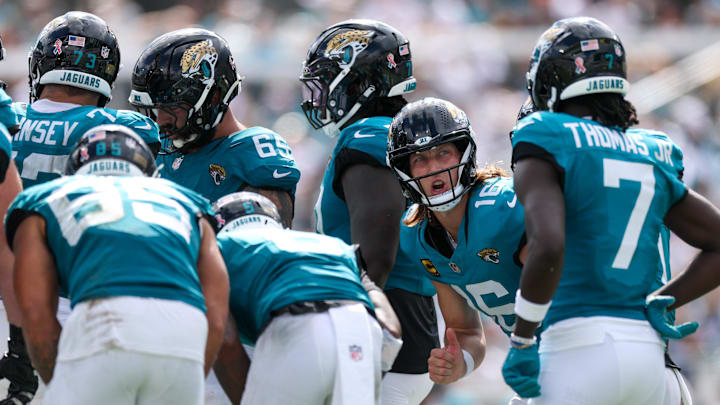Sep 7, 2025; Jacksonville, Florida, USA; Jacksonville Jaguars quarterback Trevor Lawrence (16) in the huddle during the second half of a game against the Carolina Panthers at EverBank Stadium. Mandatory Credit: Nathan Ray Seebeck-Imagn Images