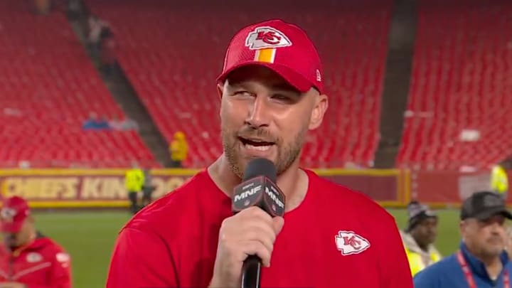 Travis Kelce speaks with Scott Van Pelt after the Kansas City Chiefs Week 9 win over the Tampa Bay Buccaneers.