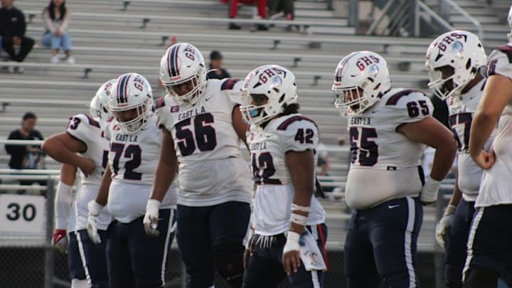 Garfield football linemen prepare before taking on San Pedro in September of 2024.