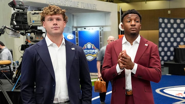 Mississippi State players Blake Shapen and Isaac Smith wait to be interviewed during SEC Media Days at the College Football Hall of Fame in Atlanta.