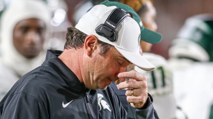 Michigan State head coach Jonathan Smith looks downward during the Spartans' game against USC on Sept. 20, 2025.
