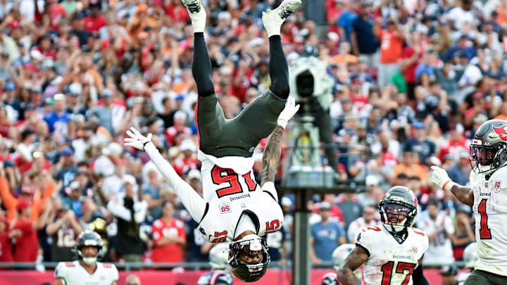 Nov 9, 2025; Tampa, Florida, USA; Tampa Bay Buccaneers wide receiver Tez Johnson (15) flips while celebrating a touchdown during the third quarter against the New England Patriots at Raymond James Stadium. Mandatory Credit: Jonathan Dyer-Imagn Images Nov 9, 2025; Tampa, Florida, USA; Tampa Bay Buccaneers wide receiver Tez Johnson (15) flips while celebrating a touchdown during the third quarter against the New England Patriots at Raymond James Stadium. Mandatory Credit: Jonathan Dyer-Imagn Images