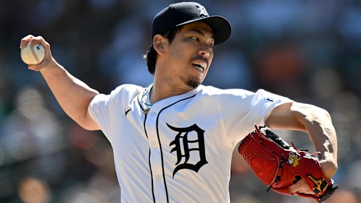 Apr 27, 2025; Detroit, Michigan, USA;  Detroit Tigers pitcher Kenta Maeda (18) throws a pitch against the Baltimore Orioles in the ninth inning at Comerica Park.