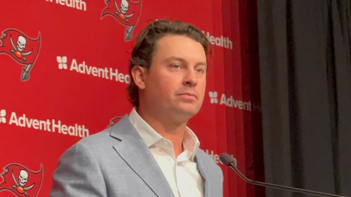 New Buccaneers OC Josh Grizzard speaks to media at One Buccaneer Place. New Buccaneers OC Josh Grizzard speaks to media at One Buccaneer Place.