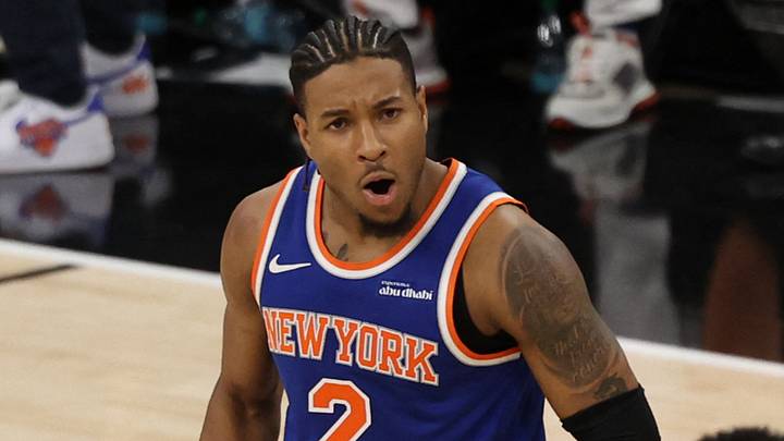Jun 5, 2026; San Antonio, Texas, USA; New York Knicks guard Miles McBride (2) reacts against the San Antonio Spurs in the second half during game two of the 2026 NBA Finals at Frost Bank Center. Mandatory Credit: Geoff Burke-Imagn Images