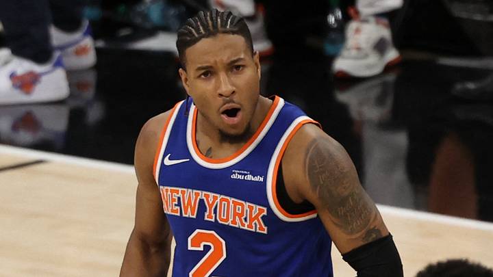 Jun 5, 2026; San Antonio, Texas, USA; New York Knicks guard Miles McBride (2) reacts against the San Antonio Spurs in the second half during game two of the 2026 NBA Finals at Frost Bank Center. Mandatory Credit: Geoff Burke-Imagn Images