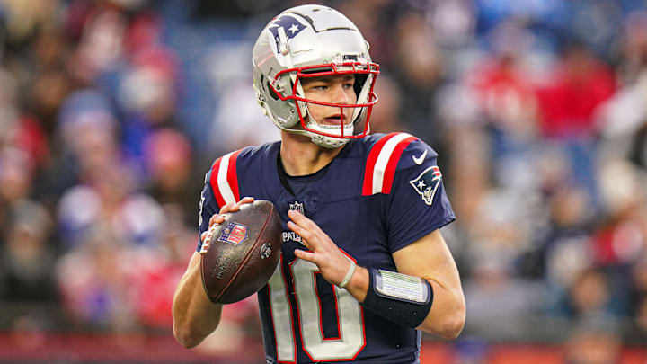 Dec 28, 2024; Foxborough, Massachusetts, USA; New England Patriots quarterback Drake Maye (10) looks to pass the ball against the Los Angeles Chargers in the second half at Gillette Stadium. Mandatory Credit: David Butler II-Imagn Images