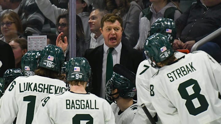 MSU hockey coach Adam Nightingale coaches his Spartans, Saturday, March 22, 2025, during the third period of the Big 10 Hockey final at Munn Ice Arena. MSU won 4-3 in double overtime.