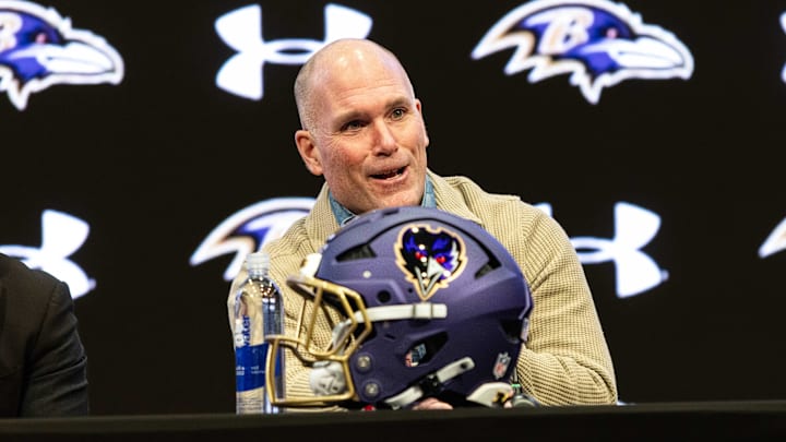 Jan 29, 2026; Owings Mills, MD, USA; Eric DeCosta at press conference discussing future of Baltimore Ravens at Under Armour Performance Center. Mandatory Credit: Lexi Thompson-Imagn Images