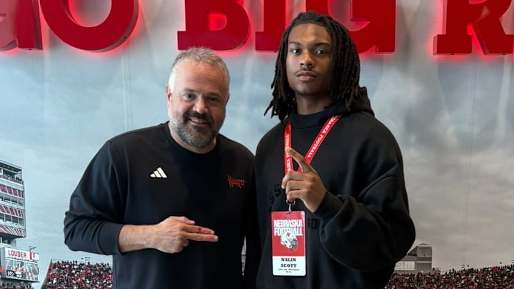 2026 wide receiver prospect Nalin Scott with Nebraska coach Matt Rhule.