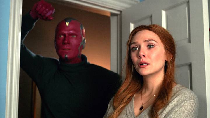 Paul Bettany as Vision and Elizabeth Olsen as Wanda Maximoff in Marvel Studios' WANDAVISION exclusively on Disney+
