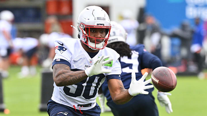 May 9, 2026; Foxborough, MA, USA; New England Patriots running back Jam Miller (30) makes a catch during the New England Patriots rookie camp at Gillette Stadium. Mandatory Credit: Eric Canha-Imagn Images