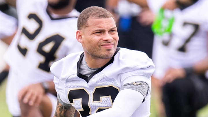 Jun 10, 2025; New Orleans, LA, USA;  New Orleans Saints safety Tyrann Mathieu (32) looks on during stretches during minicamp at Ochsner Sports Performance Center. Mandatory Credit: Stephen Lew-Imagn Images