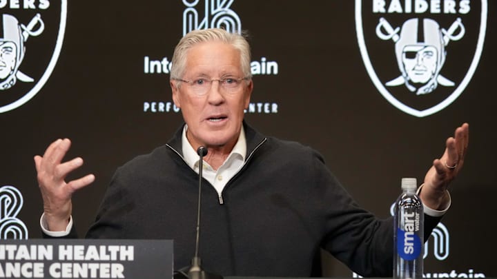 Jan 27, 2025; Las Vegas, NV, USA; Las Vegas Raiders coach Pete Carroll at press conference at Intermountain Health Performance Center. Mandatory Credit: Kirby Lee-Imagn Images Jan 27, 2025; Las Vegas, NV, USA; Las Vegas Raiders coach Pete Carroll at press conference at Intermountain Health Performance Center. Mandatory Credit: Kirby Lee-Imagn Images