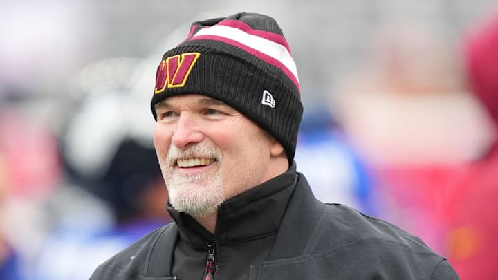 Dec 14, 2025; East Rutherford, New Jersey, USA;  Washington Commanders head coach Dan Quinn looks on during warms up prior to the game against the New York Giants at MetLife Stadium. Mandatory Credit: Robert Deutsch-Imagn Images