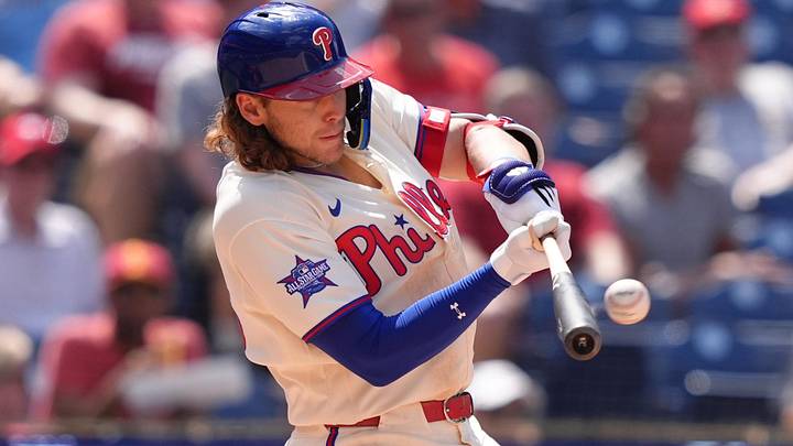Philadelphia Phillies infielder Alec Bohm (28) hits a home run against the Cincinnati Reds in the sixth inning at Citizens Bank Park. Philadelphia Phillies infielder Alec Bohm (28) hits a home run against the Cincinnati Reds in the sixth inning at Citizens Bank Park.