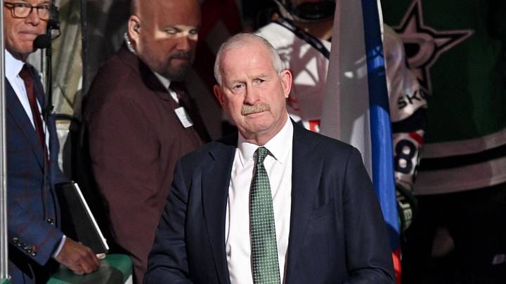 Feb 4, 2026; Dallas, Texas, USA; Dallas Stars general manager Jim Nill is celebrate as the Stars honor their 2026 Winter Olympics hockey players before the game against the St. Louis Blues at the American Airlines Center. Mandatory Credit: Jerome Miron-Imagn Images Feb 4, 2026; Dallas, Texas, USA; Dallas Stars general manager Jim Nill is celebrate as the Stars honor their 2026 Winter Olympics hockey players before the game against the St. Louis Blues at the American Airlines Center. Mandatory Credit: Jerome Miron-Imagn Images