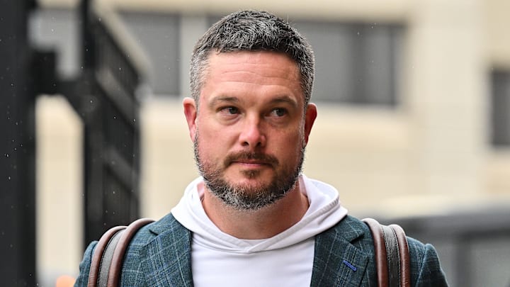 Nov 8, 2025; Iowa City, Iowa, USA; Oregon Ducks head coach Dan Lanning enters Kinnick Stadium before the game against the Iowa Hawkeyes. Mandatory Credit: Jeffrey Becker-Imagn Images