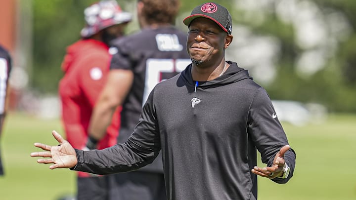 Atlanta Falcons head coach Raheem Morris is shown on the field during Rookie Minicamp at the Falcons Training Camp.