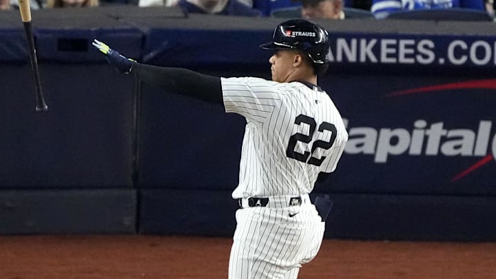 Oct 29, 2024; Bronx, New York, USA; New York Yankees outfielder Juan Soto (22) reacts after a strikeout against the Los Angeles Dodgers in the sixth inning during game four of the 2024 MLB World Series at Yankee Stadium.