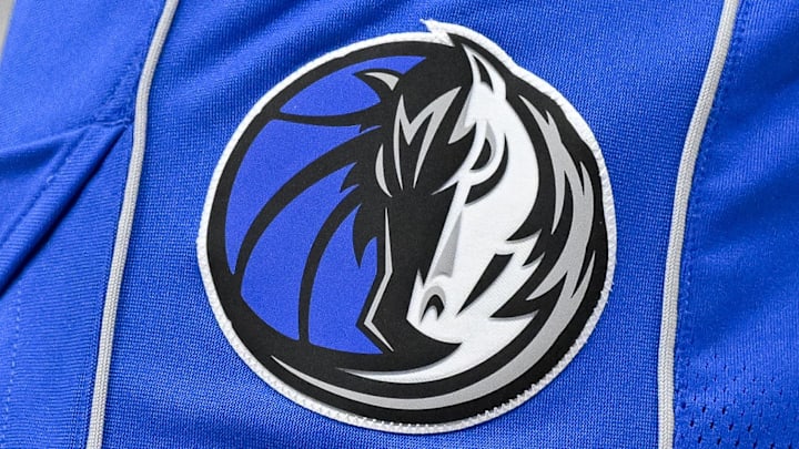 Nov 5, 2023; Dallas, Texas, USA; A view of the Dallas Mavericks logo during the game between the Dallas Mavericks and the Charlotte Hornets at the American Airlines Center. Mandatory Credit: Jerome Miron-Imagn Images