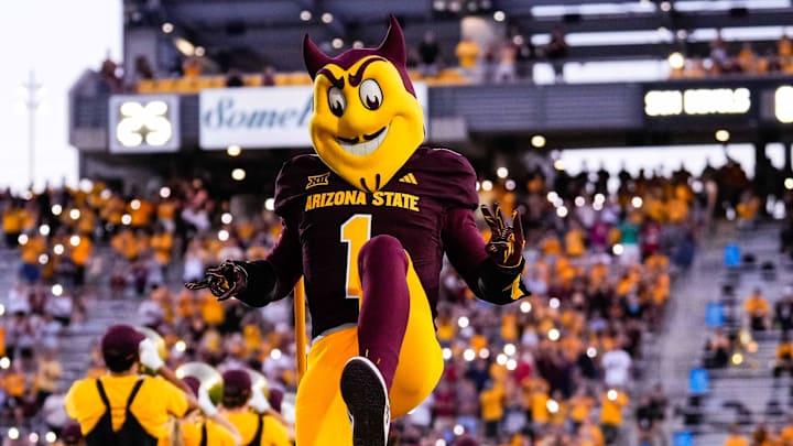 Aug 30, 2025; Tempe, Arizona, USA; Sparky the Sun Devil takes the field pregame between Arizona State Sun Devils and Northern Arizona Lumberjacks at Mountain America Stadium. Mandatory Credit: Arianna Grainey-Imagn Images