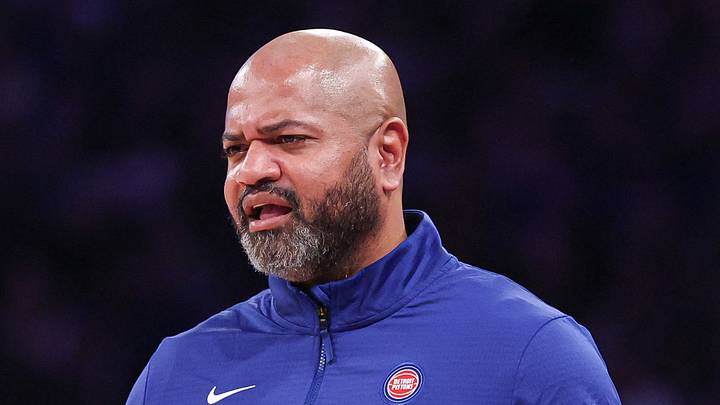 Dec 7, 2024; New York, New York, USA; Detroit Pistons head coach JB Bickerstaff reacts during the second half against the New York Knicks at Madison Square Garden. Mandatory Credit: Vincent Carchietta-Imagn Images