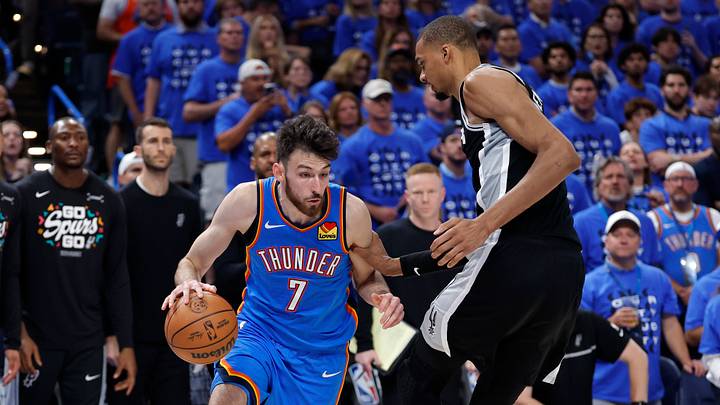 May 30, 2026; Oklahoma City, Oklahoma, USA; Oklahoma City Thunder center Chet Holmgren (7) drives against San Antonio Spurs forward Victor Wembanyama (1) in the fourth quarter during game seven of the western conference finals for the 2026 NBA playoffs at Paycom Center. Mandatory Credit: Alonzo Adams-Imagn Images May 30, 2026; Oklahoma City, Oklahoma, USA; Oklahoma City Thunder center Chet Holmgren (7) drives against San Antonio Spurs forward Victor Wembanyama (1) in the fourth quarter during game seven of the western conference finals for the 2026 NBA playoffs at Paycom Center. Mandatory Credit: Alonzo Adams-Imagn Images
