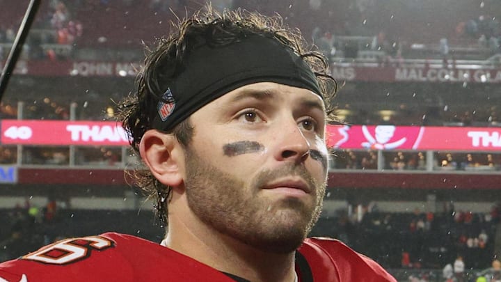 Tampa Bay Buccaneers quarterback Baker Mayfield leaves the field after defeating the Carolina Panthers.