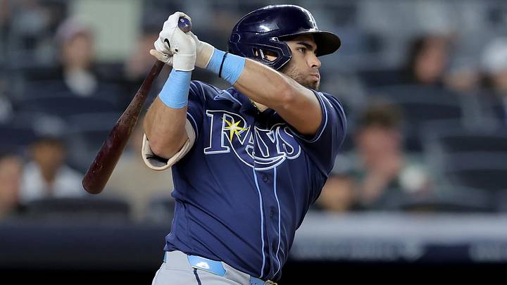 May 22, 2026; Bronx, New York, USA; Tampa Bay Rays first baseman Jonathan Aranda (8) follows through on an RBI double against the New York Yankees during the eighth inning at Yankee Stadium. May 22, 2026; Bronx, New York, USA; Tampa Bay Rays first baseman Jonathan Aranda (8) follows through on an RBI double against the New York Yankees during the eighth inning at Yankee Stadium.