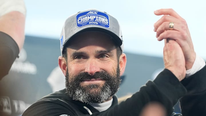 Dec 6, 2025; Charlotte, NC, USA; Duke Blue Devils head coach Manny Diaz celebrates defeating the Virginia Cavaliers during the 2025 ACC Championship game at Bank of America Stadium. Mandatory Credit: Jim Dedmon-Imagn Images