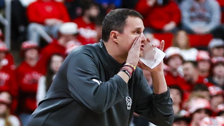 Feb 7, 2026; Raleigh, North Carolina, USA; NC State Wolfpack head coach Will Wade reacts during the first half of the game against the Virginia Tech Hokies at Lenovo Center. Mandatory Credit: Jaylynn Nash-Imagn Images