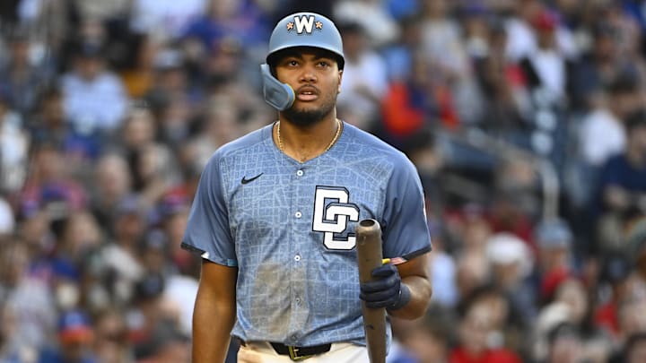 Apr 26, 2025; Washington, District of Columbia, USA; Washington Nationals outfielder James Wood (29) reacts after striking out against the New York Mets during the sixth inning at Nationals Park. 