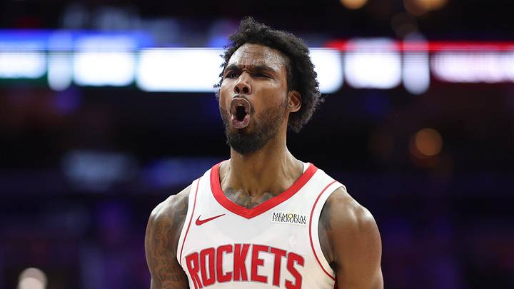 Jan 22, 2026; Philadelphia, Pennsylvania, USA; Houston Rockets forward Tari Eason (17) reacts after a score against the Philadelphia 76ers during the fourth quarter at Xfinity Mobile Arena. Mandatory Credit: Bill Streicher-Imagn Images
