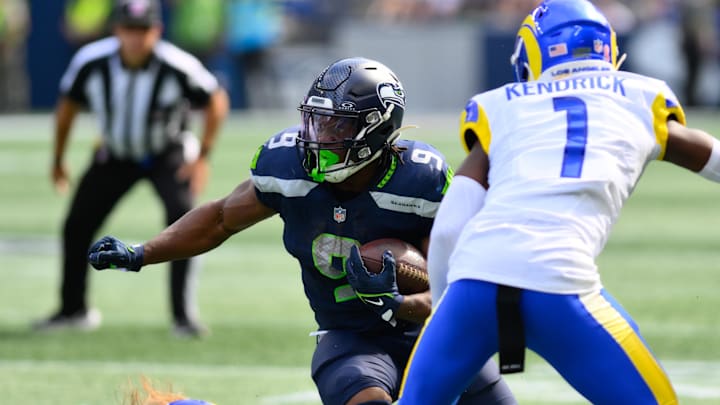 Sep 10, 2023; Seattle, Washington, USA; Seattle Seahawks running back Kenneth Walker III (9) carries Sep 10, 2023; Seattle, Washington, USA; Seattle Seahawks running back Kenneth Walker III (9) carries