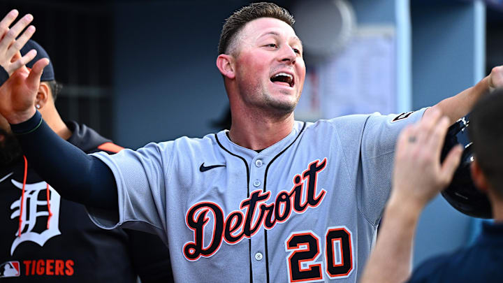 Detroit Tigers first baseman Spencer Torkelson (20) celebrates after scoring against the Los Angeles Dodgers. 