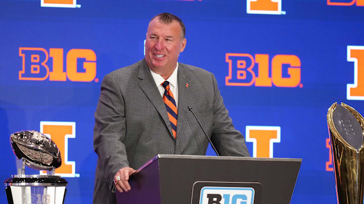 Jul 22, 2025; Las Vegas, NV, USA; Illinois head coach Bret Bielema speaks to the media during the Big Ten NCAA college football media days at Mandalay Bay Resort. Mandatory Credit: Lucas Peltier-Imagn Images
