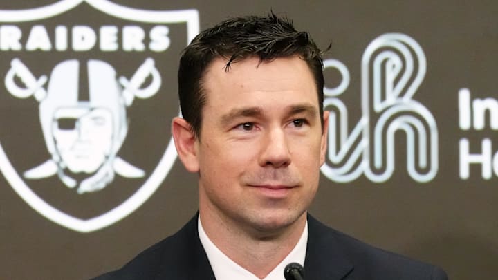 Feb 10, 2026; Henderson, NV, USA; Las Vegas Raiders coach Klint Kubiak speaks at introductory press conference at Intermountain Health Performance Center. Mandatory Credit: Kirby Lee-Imagn Images