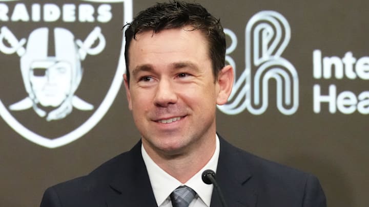 Feb 10, 2026; Henderson, NV, USA; Las Vegas Raiders coach Klint Kubiak speaks at introductory press conference at Intermountain Health Performance Center. Mandatory Credit: Kirby Lee-Imagn Images