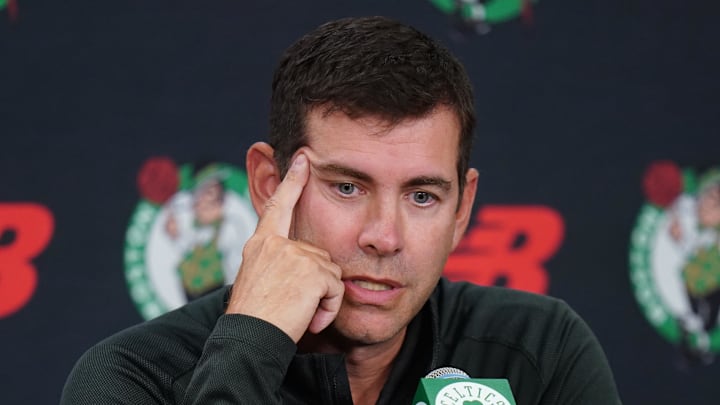 Sep 29, 2025; Boston, MA, USA; Boston Celtics president of basketball operations Brad Stevens talks to reporters during media day at the Auerbach Center. Mandatory Credit: David Butler II-Imagn Images