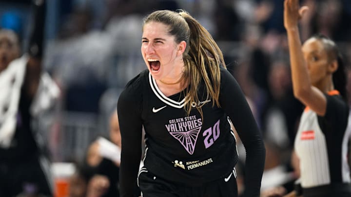 Aug 19, 2025; San Francisco, California, USA; Golden State Valkyries guard Kate Martin (20) celebrates a three point basket against the Phoenix Mercury in the first quarter at Chase Center. Mandatory Credit: Eakin Howard-Imagn Images
