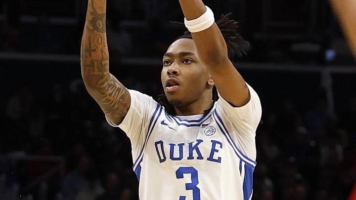 Mar 27, 2026; Washington, DC, USA; IDuke Blue Devils guard Isaiah Evans (3) shoots the ball against the St. John's Red Storm in the second half during a Sweet Sixteen game of the East Regional of the men's 2026 NCAA Tournament at Capital One Arena. Mandatory Credit: Geoff Burke-Imagn Images