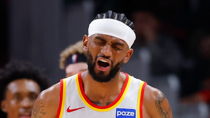 Hawks guard Nickeil Alexander-Walker reacts during game against the Hornets. 