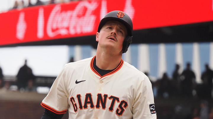 Apr 24, 2025; San Francisco, California, USA; San Francisco Giants third baseman Matt Chapman (26) reacts after hitting a foul ball against the Milwaukee Brewers during the third inning at Oracle Park. Mandatory Credit: Kelley L Cox-Imagn Images