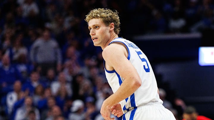 Feb 17, 2026; Lexington, Kentucky, USA; Kentucky Wildcats guard Collin Chandler (5) runs down the court after making a three point basket during the second half against the Georgia Bulldogs at Rupp Arena at Central Bank Center. Mandatory Credit: Jordan Prather-Imagn Images Feb 17, 2026; Lexington, Kentucky, USA; Kentucky Wildcats guard Collin Chandler (5) runs down the court after making a three point basket during the second half against the Georgia Bulldogs at Rupp Arena at Central Bank Center. Mandatory Credit: Jordan Prather-Imagn Images