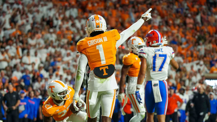 Tennessee Volunteers defensive back Rickey Gibson III reacts after a fumble by the Florida Gators at Neyland Stadium.